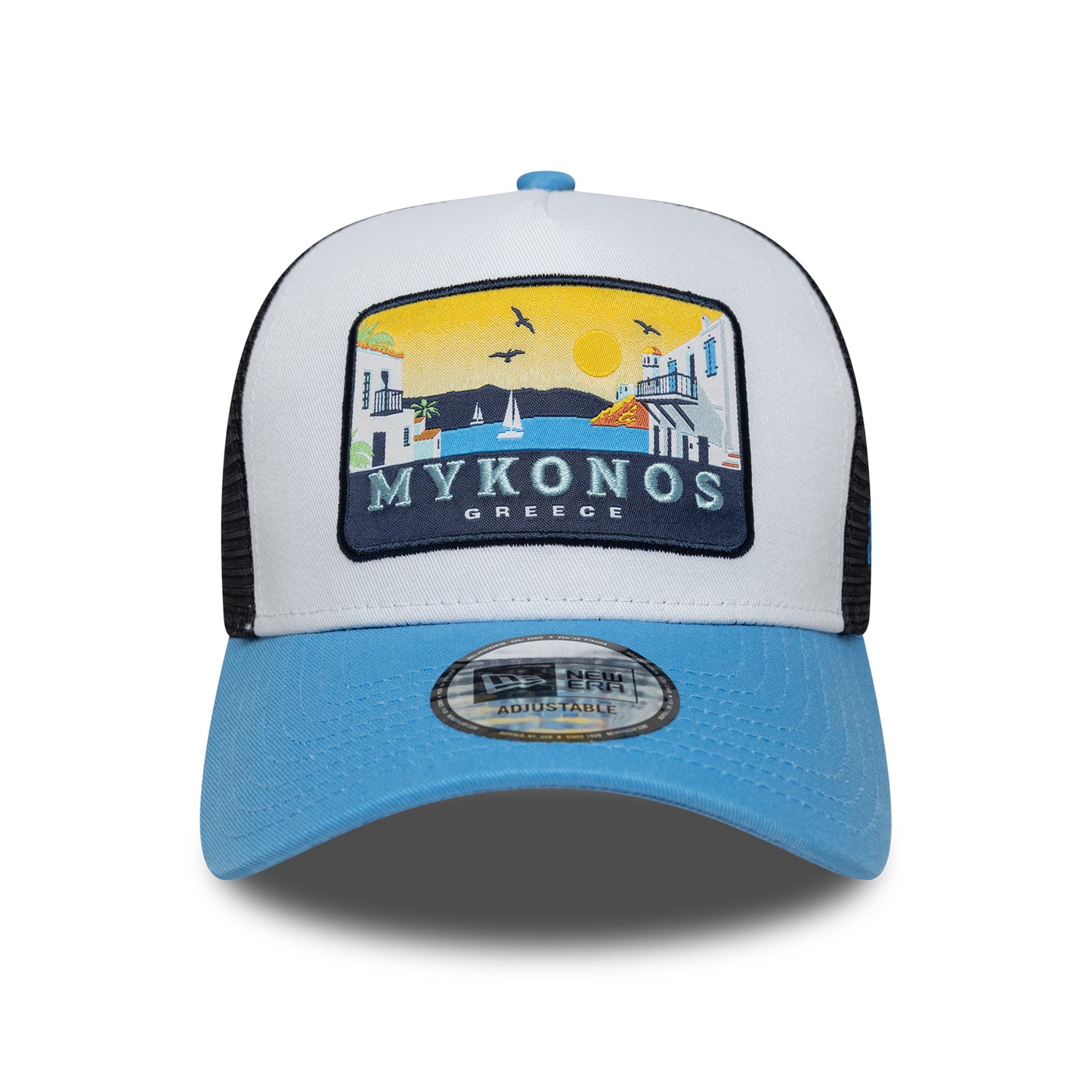 New Era Mykonos A-Frame Trucker Cap - Location Patch - Sky Blue-Navy