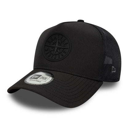 New Era Seattle Mariners A-Frame Trucker Cap - MLB Sport Featherweight - Black On Black