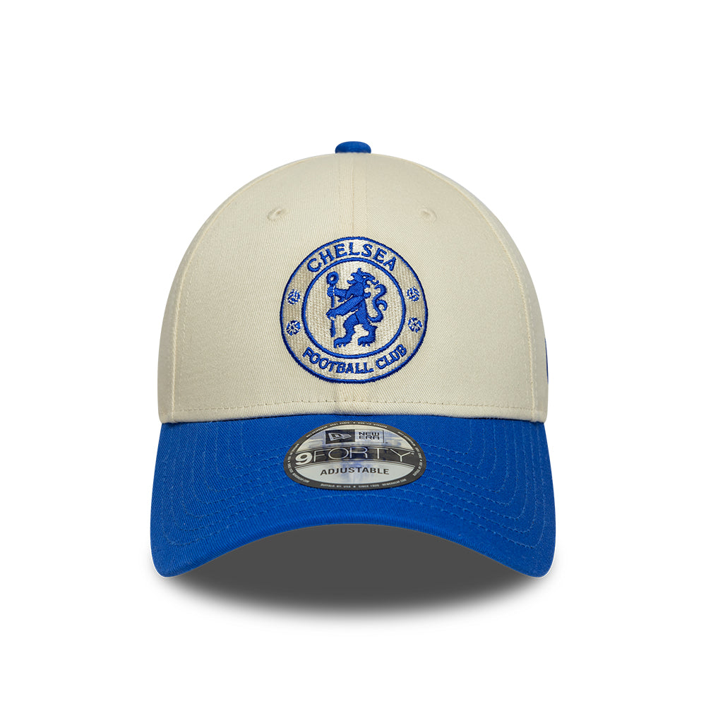 New Era 9FORTY Chelsea FC Baseball Cap - Seasonal Contrast Lion Crest - Cream-Royal Blue