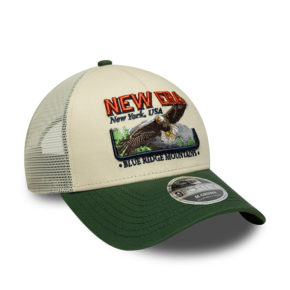 New Era 9FORTY M-Crown A-Frame Trucker Cap - Outdoor Graphic - Cream-Dark Green