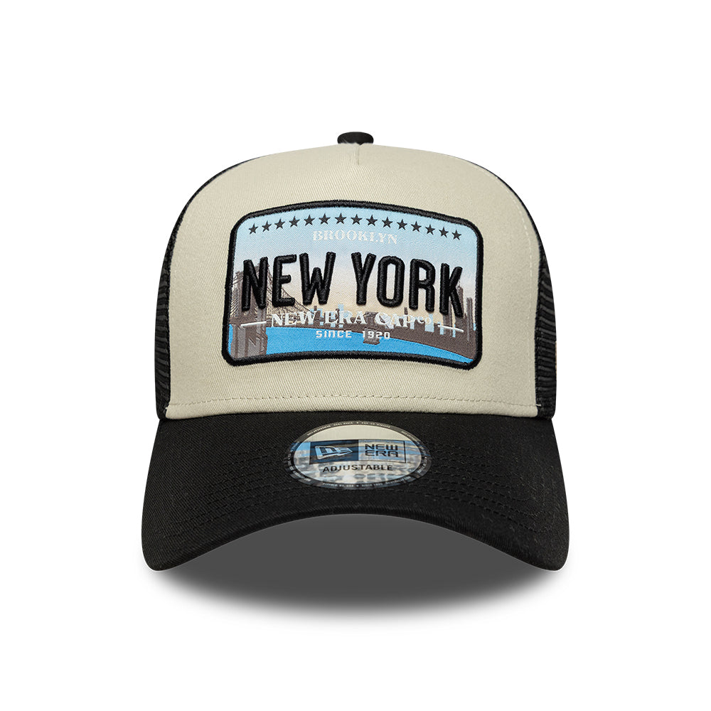New Era 9FORTY New York A-Frame Trucker Cap - License Plate - Stone-Black