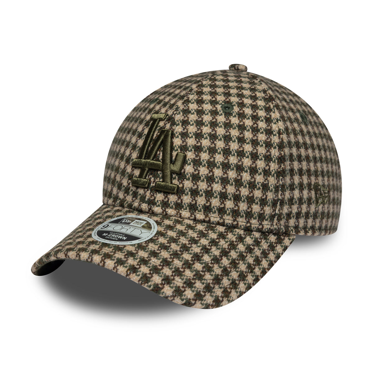 New Era Womens 9FORTY M-Crown L.A. Dodgers Baseball Cap - MLB Houndstooth - Camel-Olive