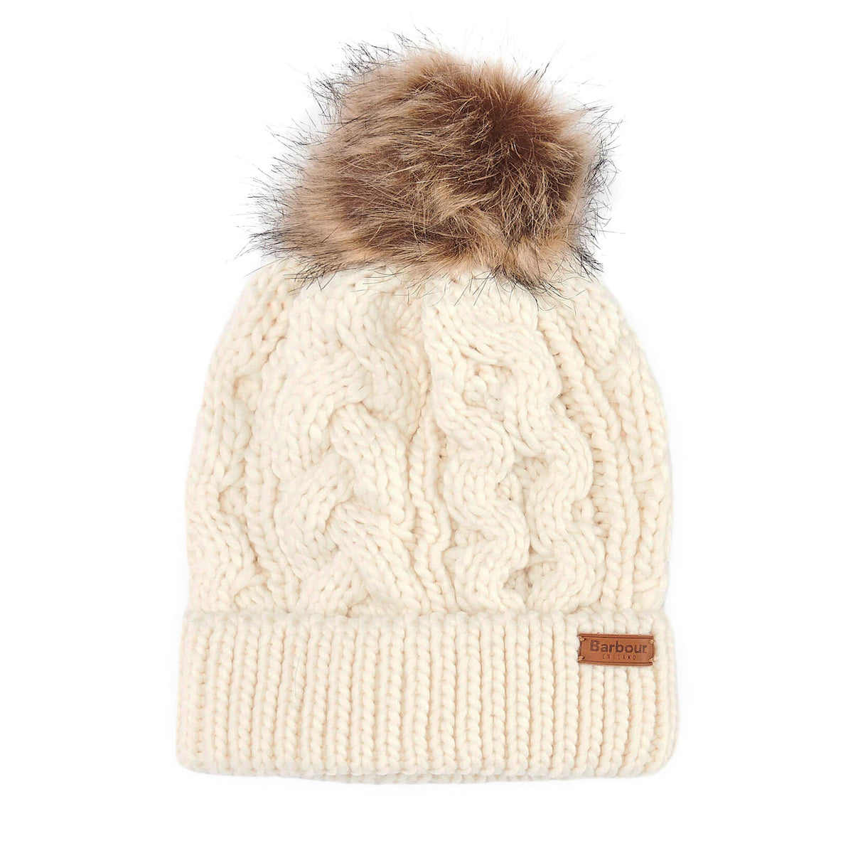 Barbour Hats Penshaw Cable Knit Faux Fur Pom Bobble Hat - Cream