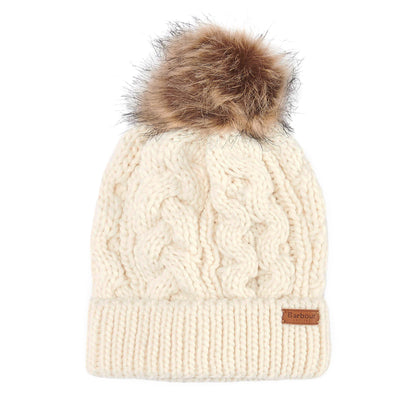 Barbour Hats Penshaw Cable Knit Faux Fur Pom Bobble Hat - Cream