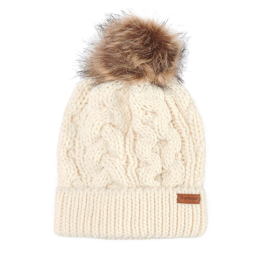 Barbour Hats Penshaw Cable Knit Faux Fur Pom Bobble Hat - Cream