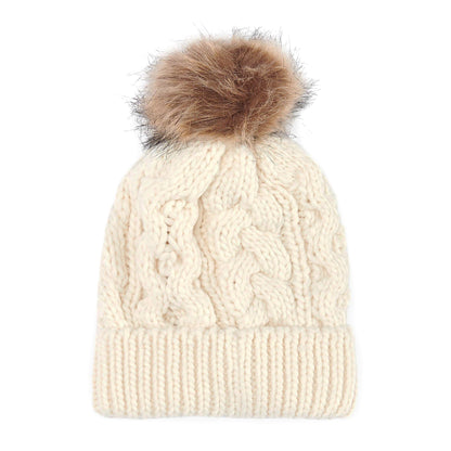 Barbour Hats Penshaw Cable Knit Faux Fur Pom Bobble Hat - Cream