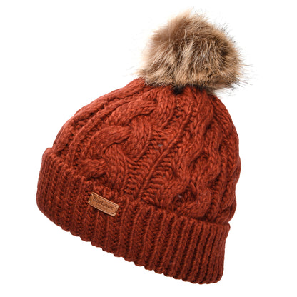 Barbour Hats Penshaw Cable Knit Faux Fur Pom Bobble Hat - Burnt Henna