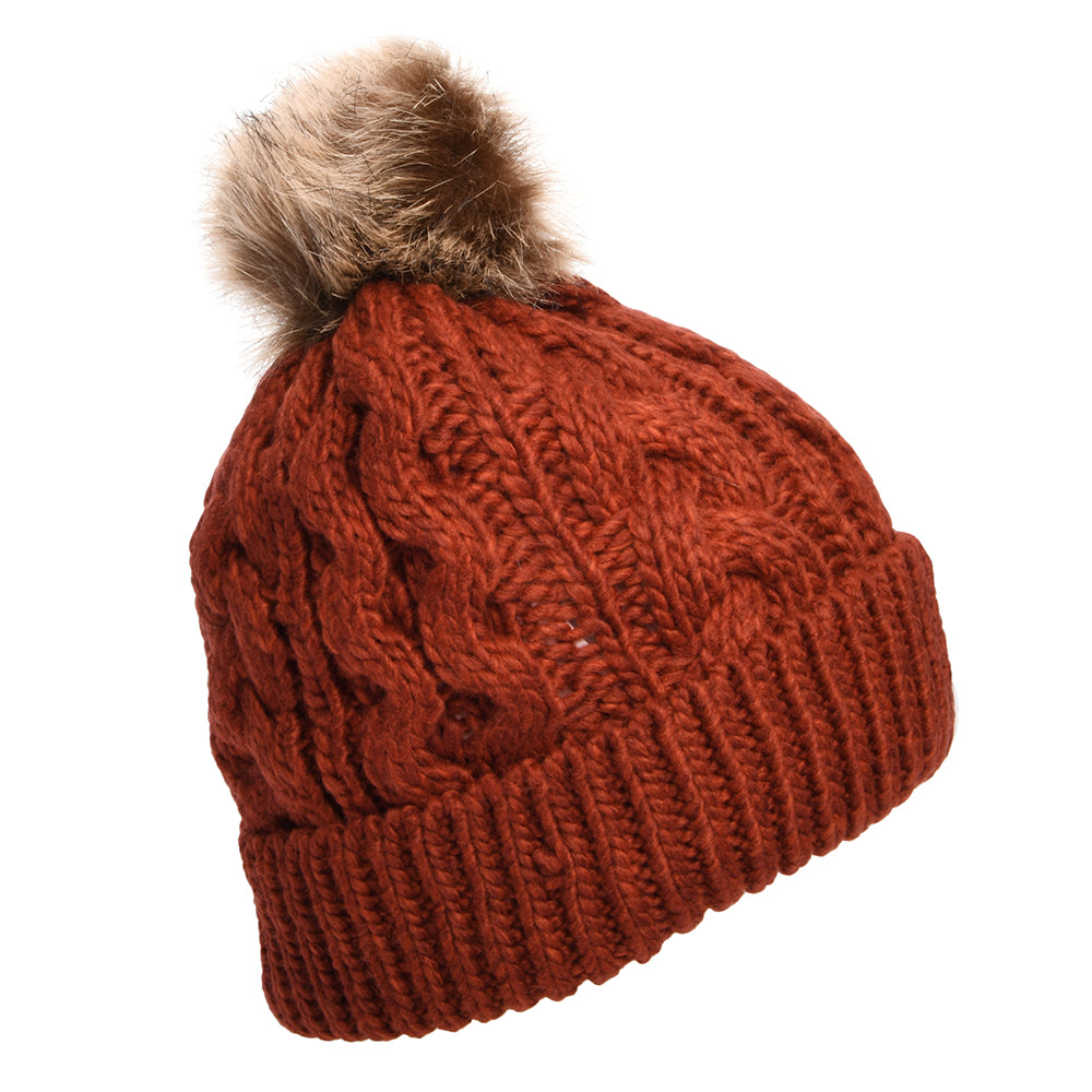 Barbour Hats Penshaw Cable Knit Faux Fur Pom Bobble Hat - Burnt Henna