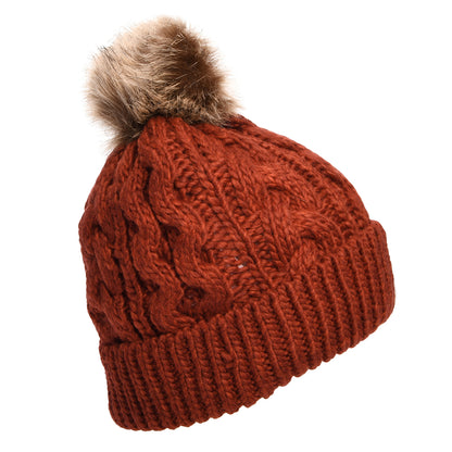 Barbour Hats Penshaw Cable Knit Faux Fur Pom Bobble Hat - Burnt Henna