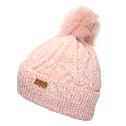Barbour Hats Elsdon Cable Knit Faux Fur Pom Bobble Hat - Rose
