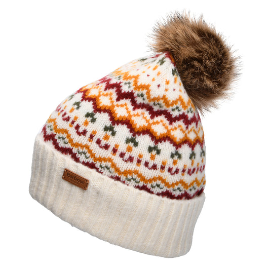 Barbour Kingsford Fair Isle Faux Fur Pom Bobble Hat - Cream-Multi
