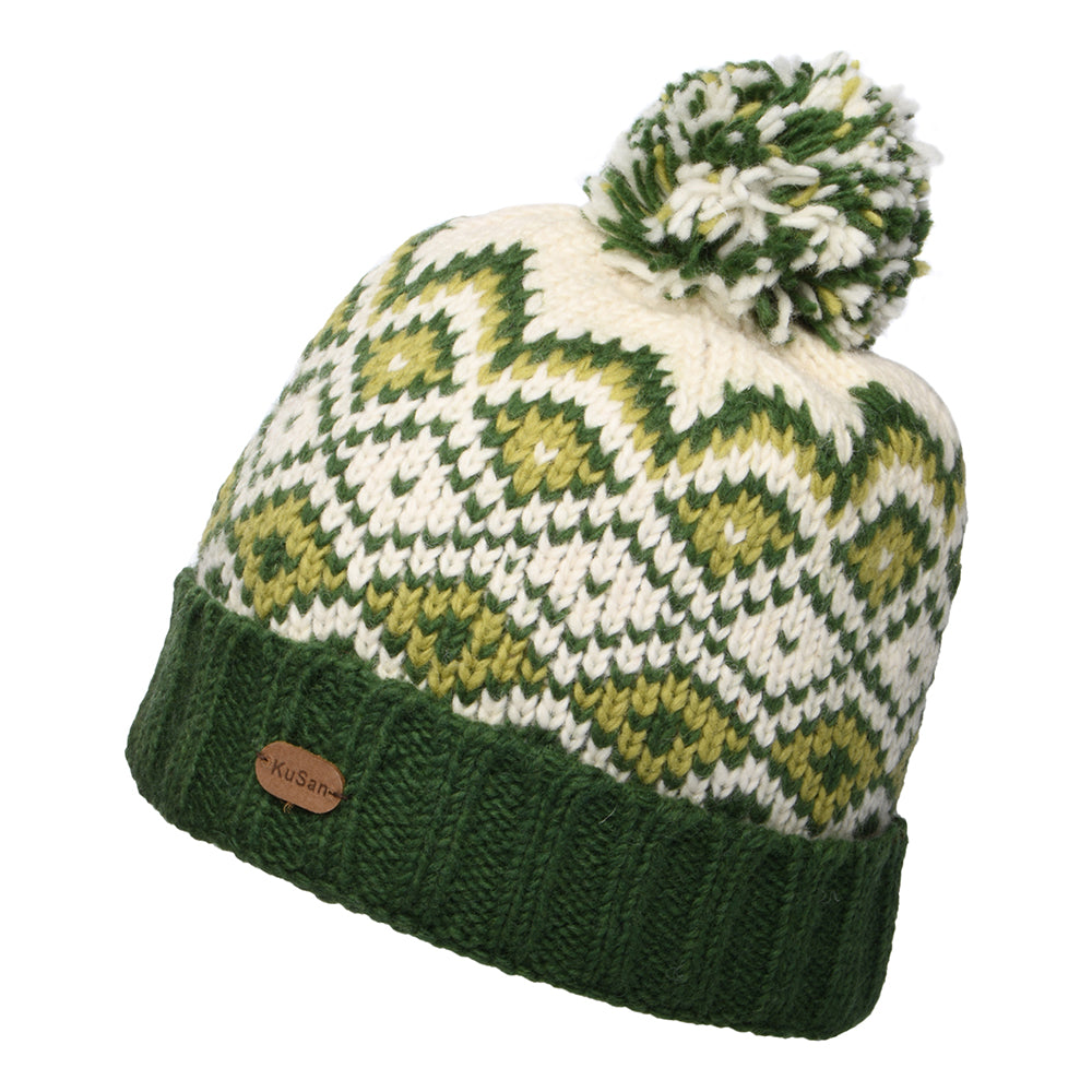 Kusan Diamond Turn Up Bobble Hat - Green-Cream