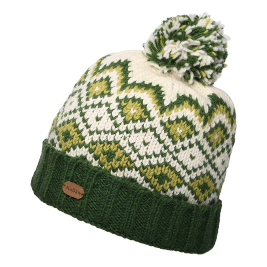 Kusan Diamond Turn Up Bobble Hat - Green-Cream