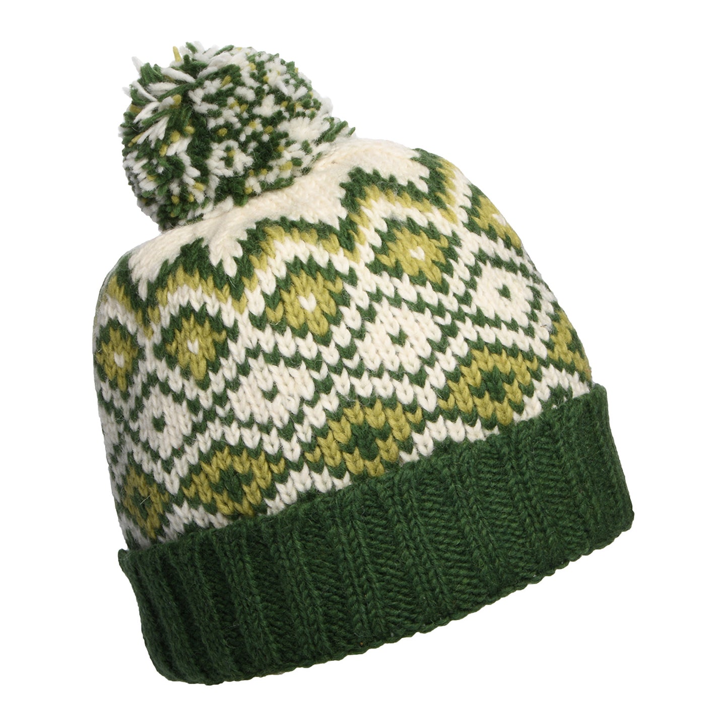 Kusan Diamond Turn Up Bobble Hat - Green-Cream