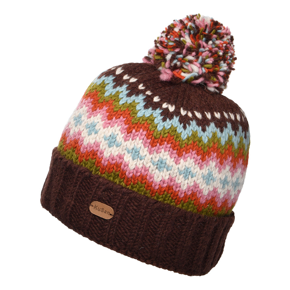 Kusan Fair Isle Turn Up Bobble Hat - Chestnut