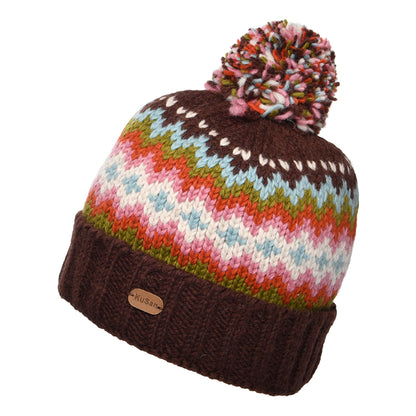 Kusan Fair Isle Turn Up Bobble Hat - Chestnut