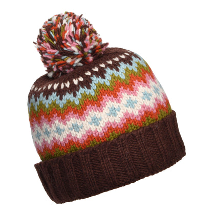 Kusan Fair Isle Turn Up Bobble Hat - Chestnut