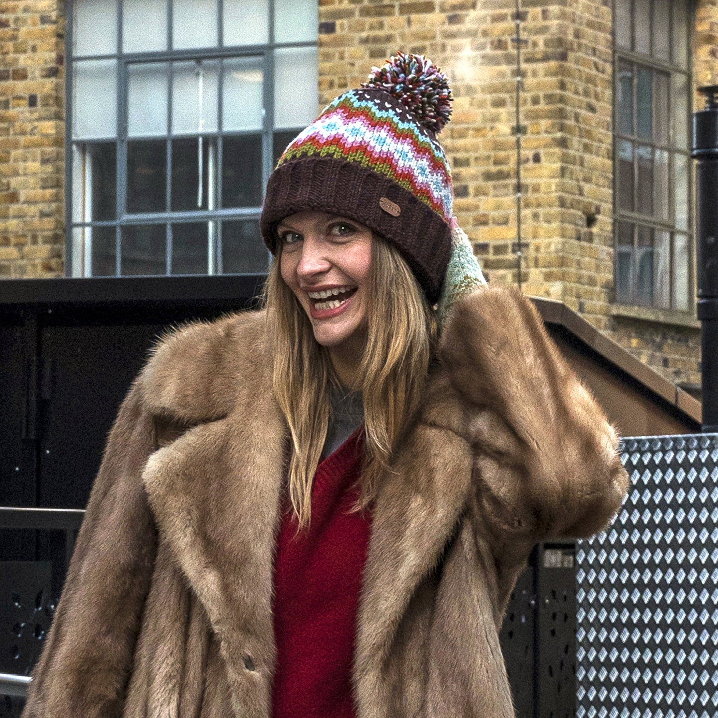 Kusan Fair Isle Turn Up Bobble Hat - Chestnut