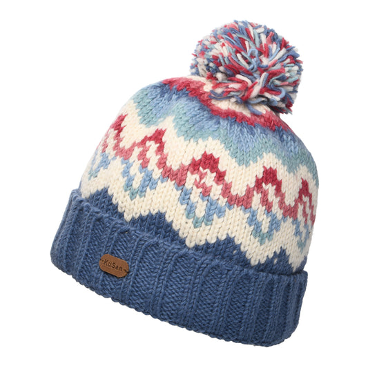 Kusan Wave Turn Up Bobble Hat - Denim Blue-Cream