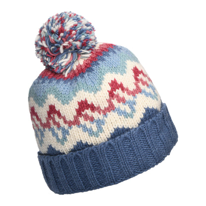 Kusan Wave Turn Up Bobble Hat - Denim Blue-Cream