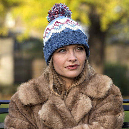 Kusan Wave Turn Up Bobble Hat - Denim Blue-Cream