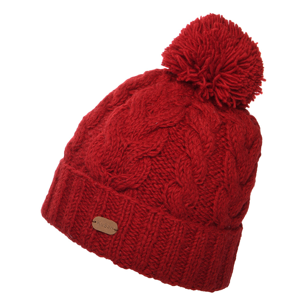 Kusan Cable Knit Turn Up Bobble Hat - Red