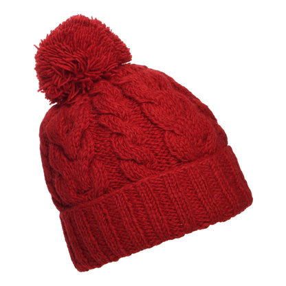Kusan Cable Knit Turn Up Bobble Hat - Red