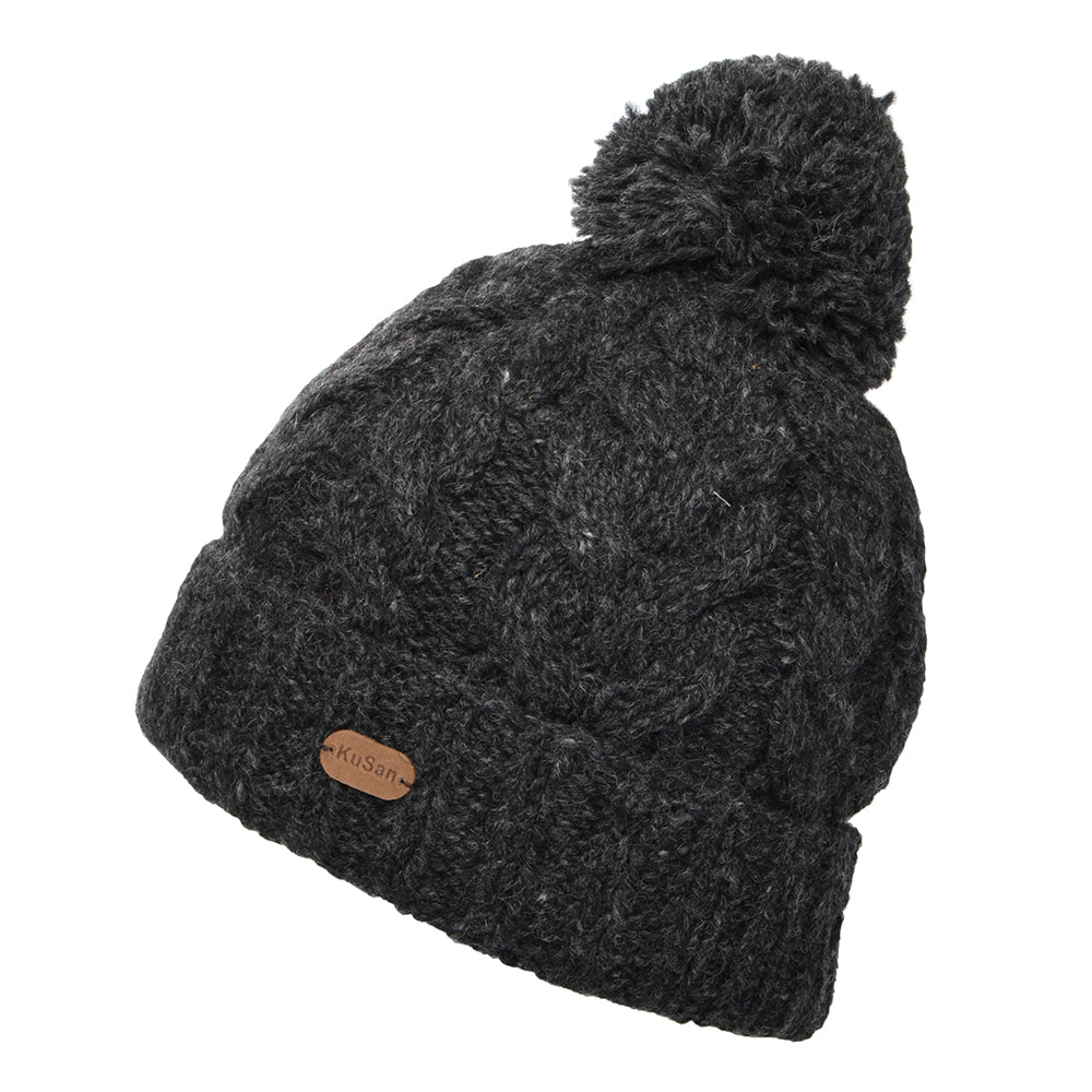 Kusan Cable Knit Turn Up Bobble Hat - Charcoal