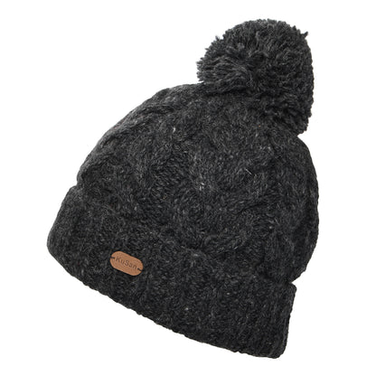 Kusan Cable Knit Turn Up Bobble Hat - Charcoal