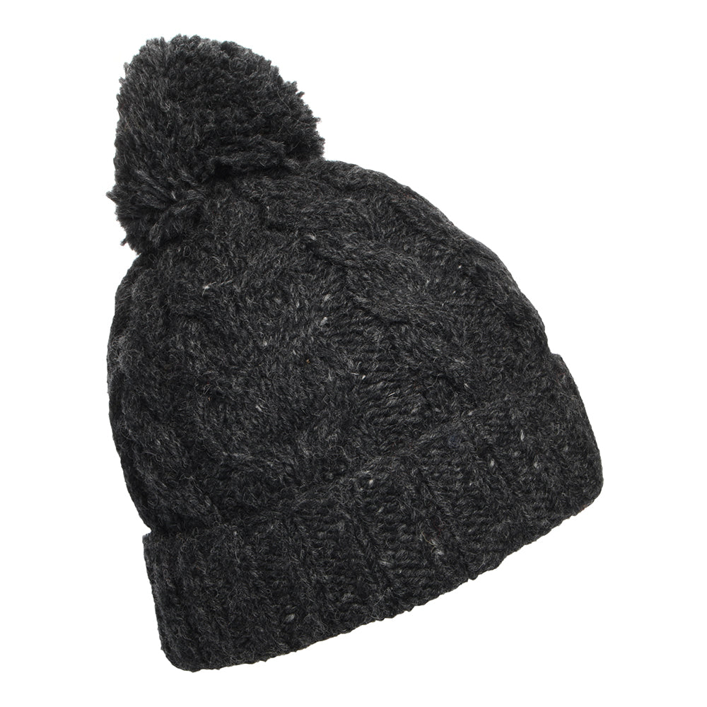 Kusan Cable Knit Turn Up Bobble Hat - Charcoal