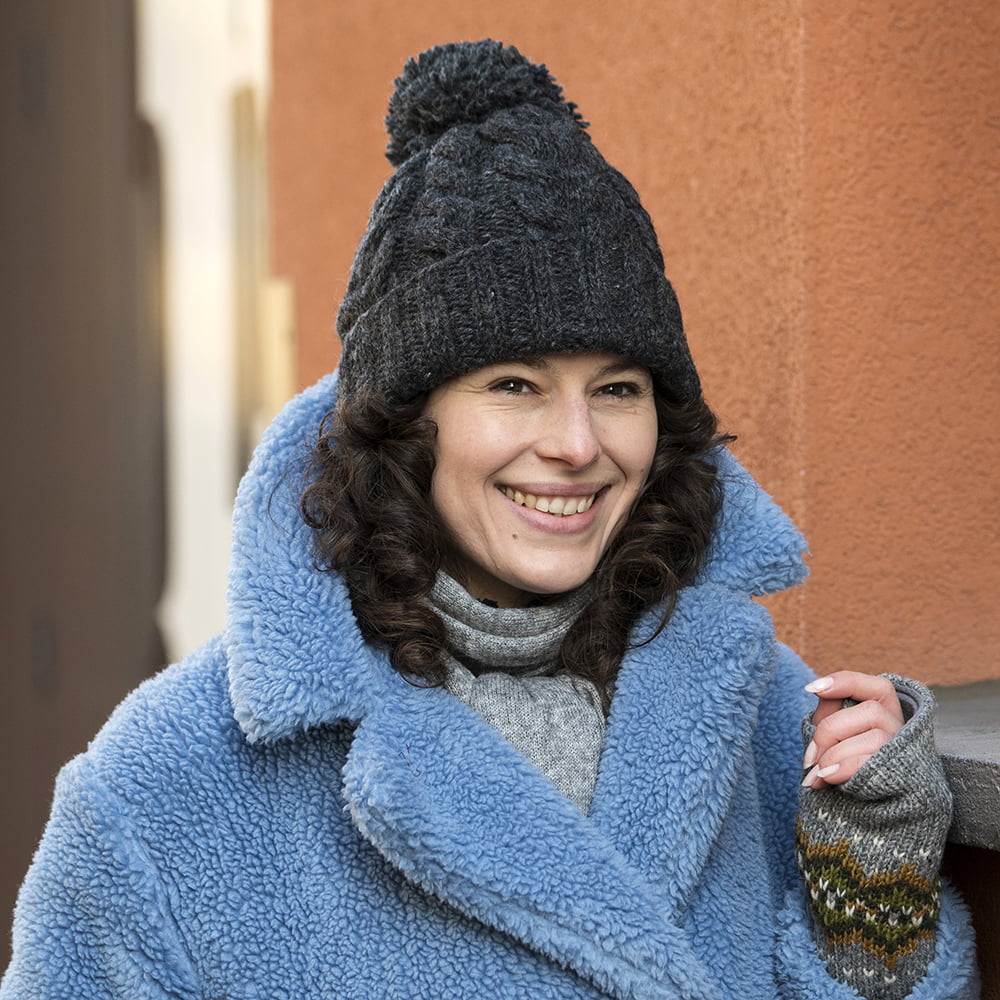 Kusan Cable Knit Turn Up Bobble Hat - Charcoal