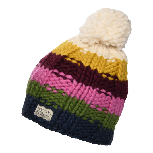 Kusan Rainbow Moss Stitch Yarn Bobble Hat - Denim-Multi