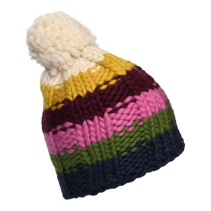 Kusan Rainbow Moss Stitch Yarn Bobble Hat - Denim-Multi
