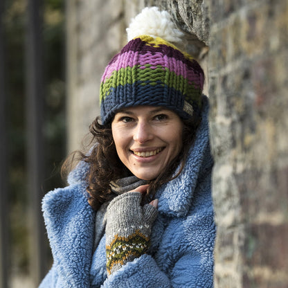 Kusan Rainbow Moss Stitch Yarn Bobble Hat - Denim-Multi