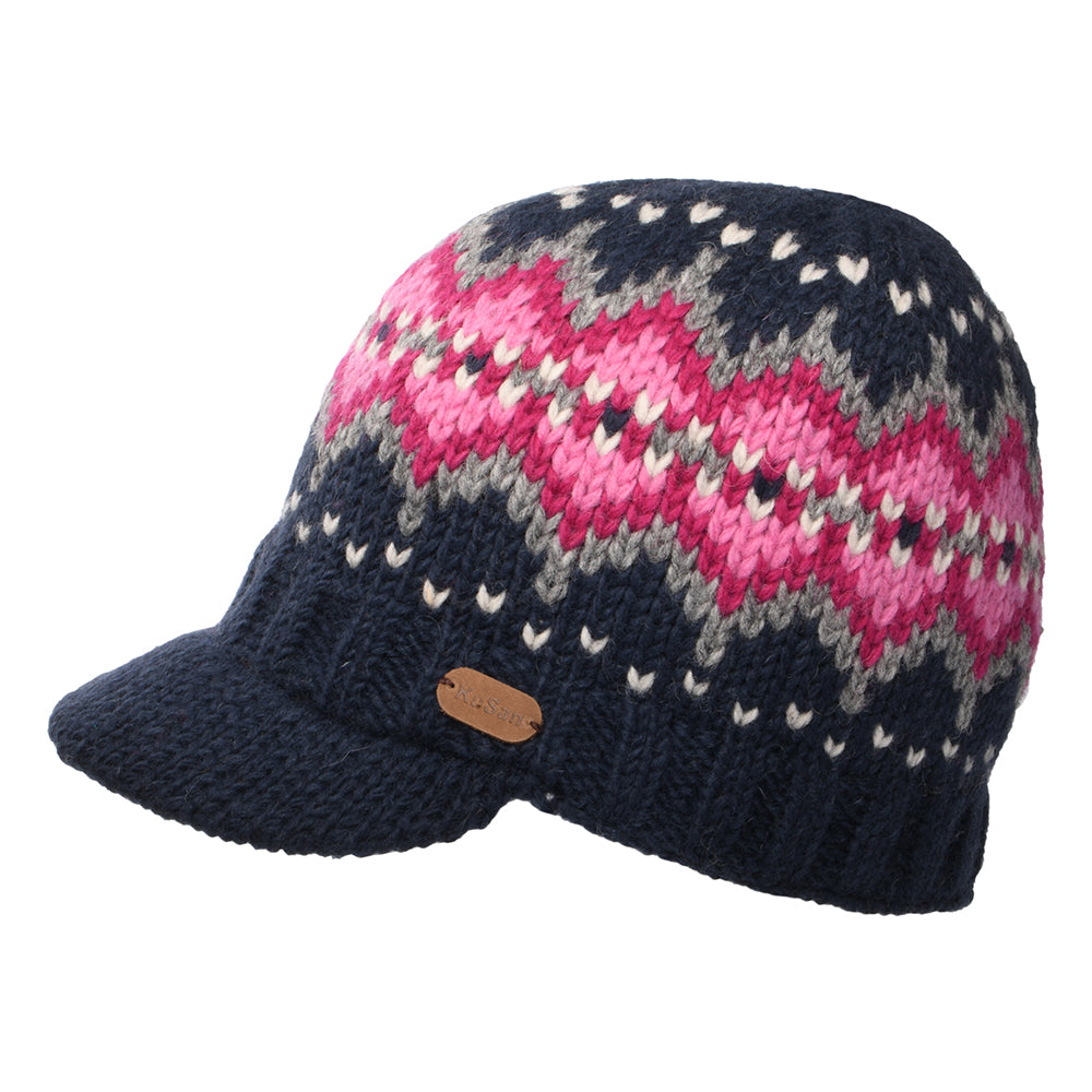 Kusan Brooklyn Fair Isle Peaked Beanie Hat - Navy-Pink