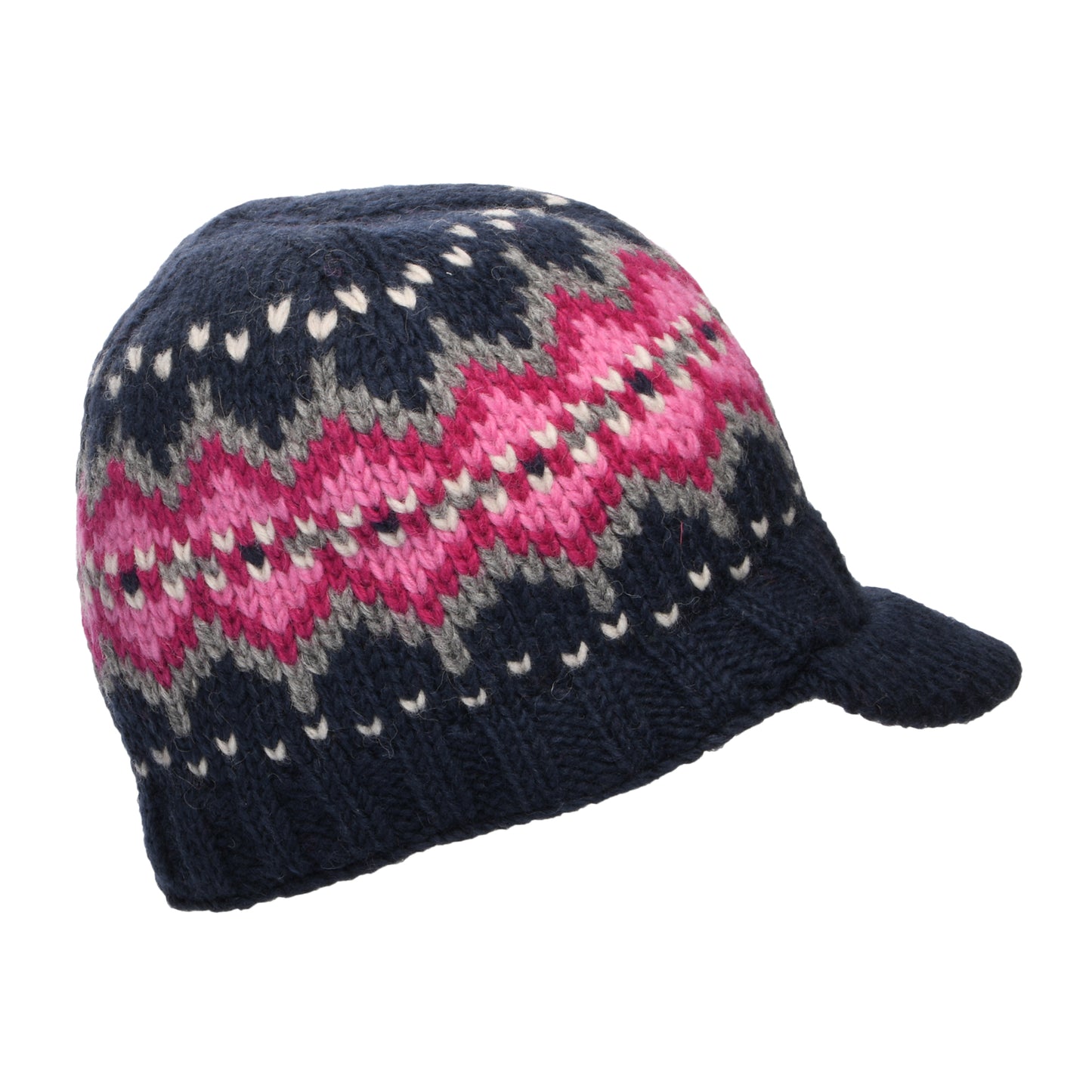 Kusan Brooklyn Fair Isle Peaked Beanie Hat - Navy-Pink