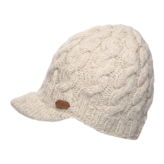 Kusan Cable Knit Peaked Beanie Hat - Oatmeal
