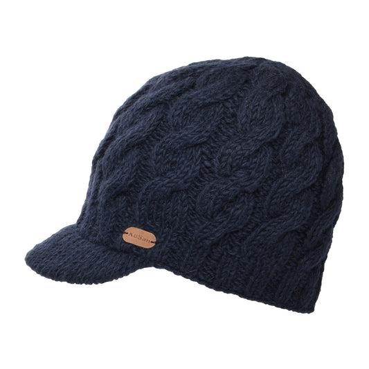Kusan Cable Knit Peaked Beanie Hat - Navy Blue