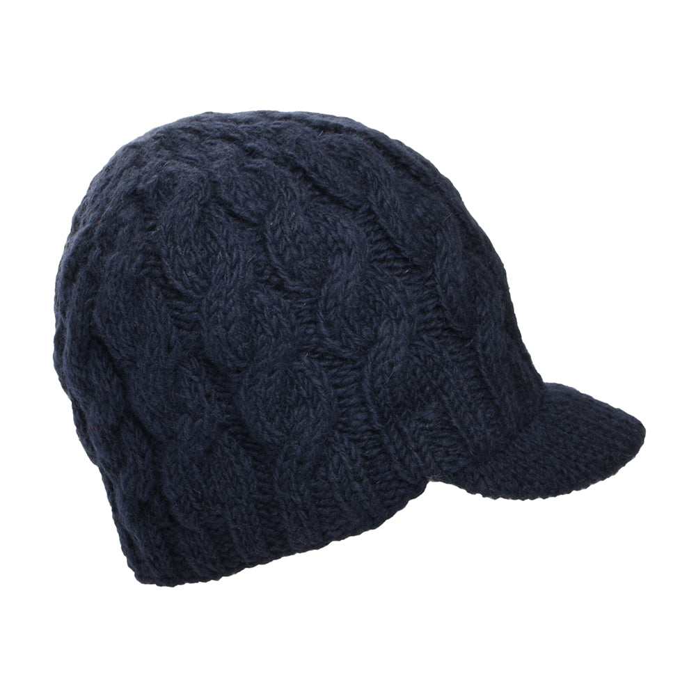 Kusan Cable Knit Peaked Beanie Hat - Navy Blue