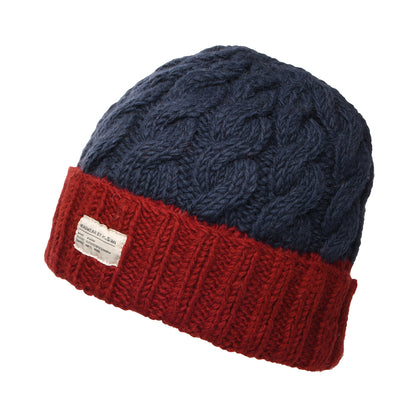 Kusan 2-Tone Cable Knit Turn Up Beanie Hat - Navy-Red