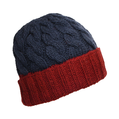 Kusan 2-Tone Cable Knit Turn Up Beanie Hat - Navy-Red