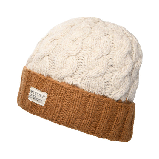 Kusan 2-Tone Cable Knit Turn Up Beanie Hat - Cream-Toffee