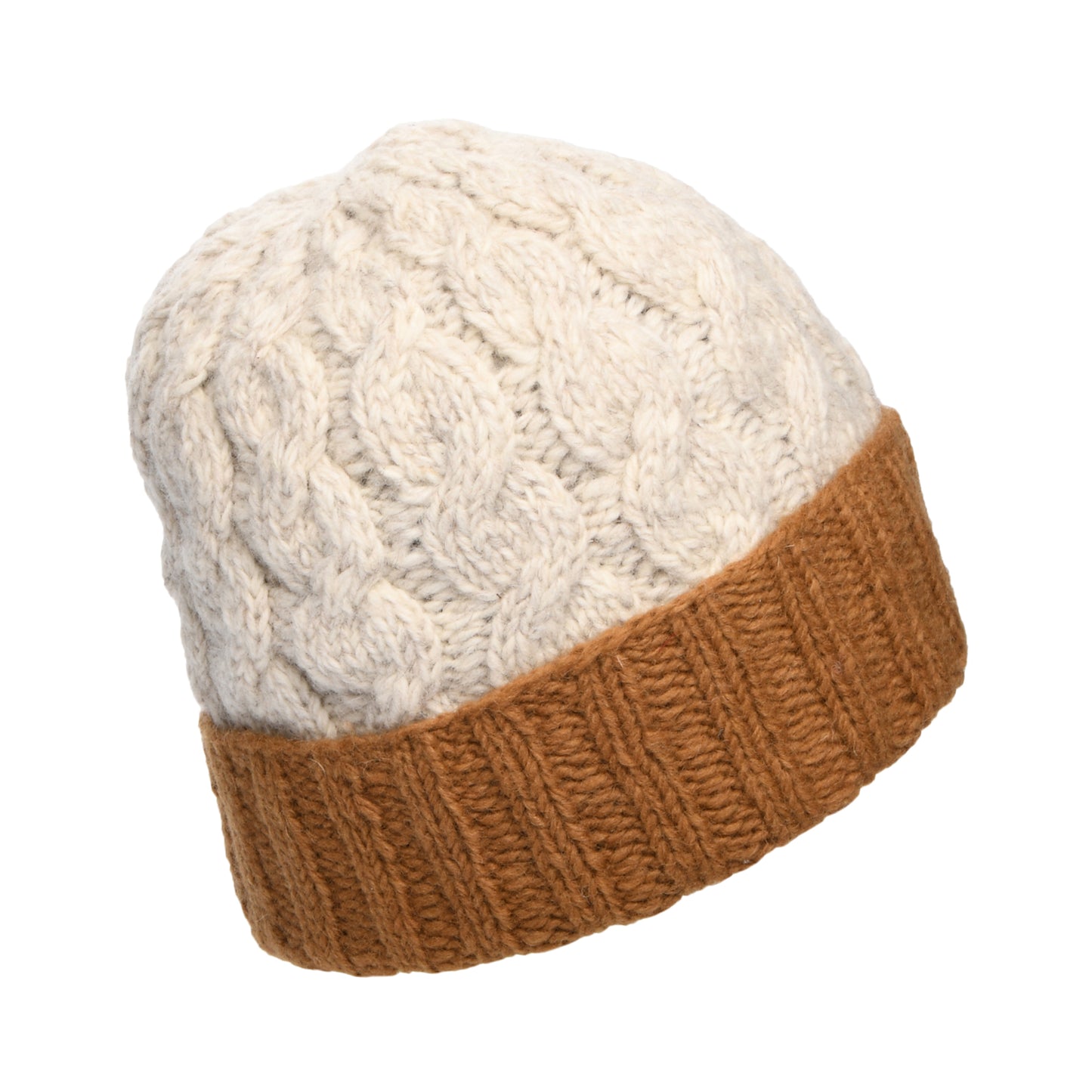 Kusan 2-Tone Cable Knit Turn Up Beanie Hat - Cream-Toffee