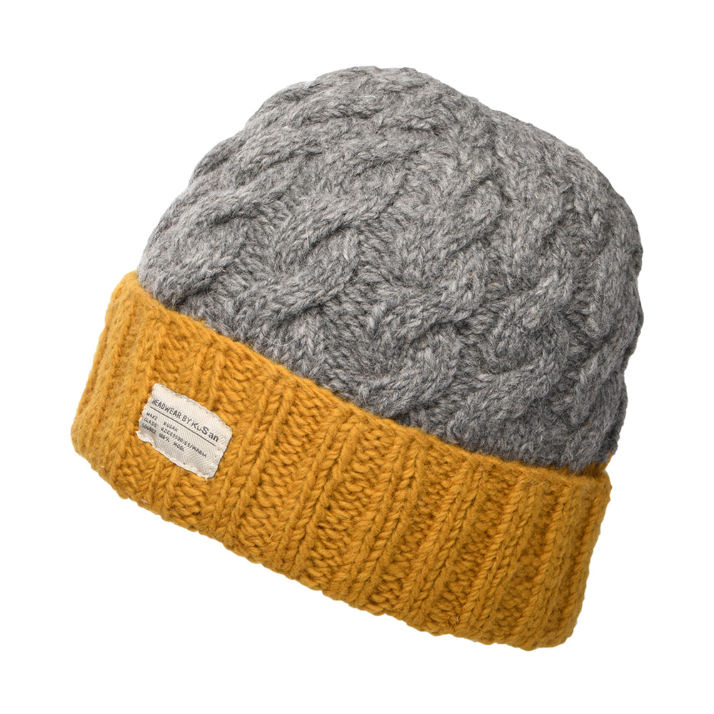 Kusan 2-Tone Cable Knit Turn Up Beanie Hat - Grey-Yellow