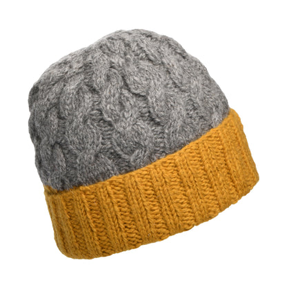 Kusan 2-Tone Cable Knit Turn Up Beanie Hat - Grey-Yellow