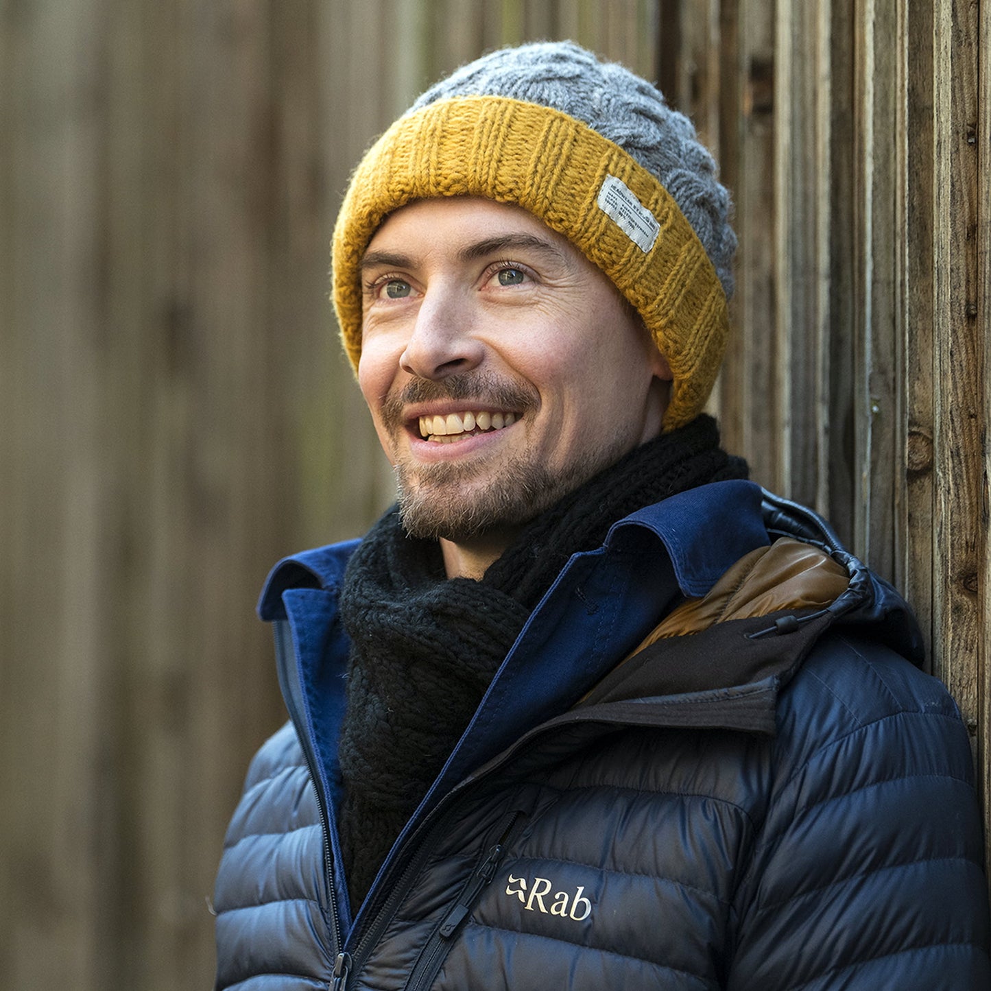 Kusan 2-Tone Cable Knit Turn Up Beanie Hat - Grey-Yellow