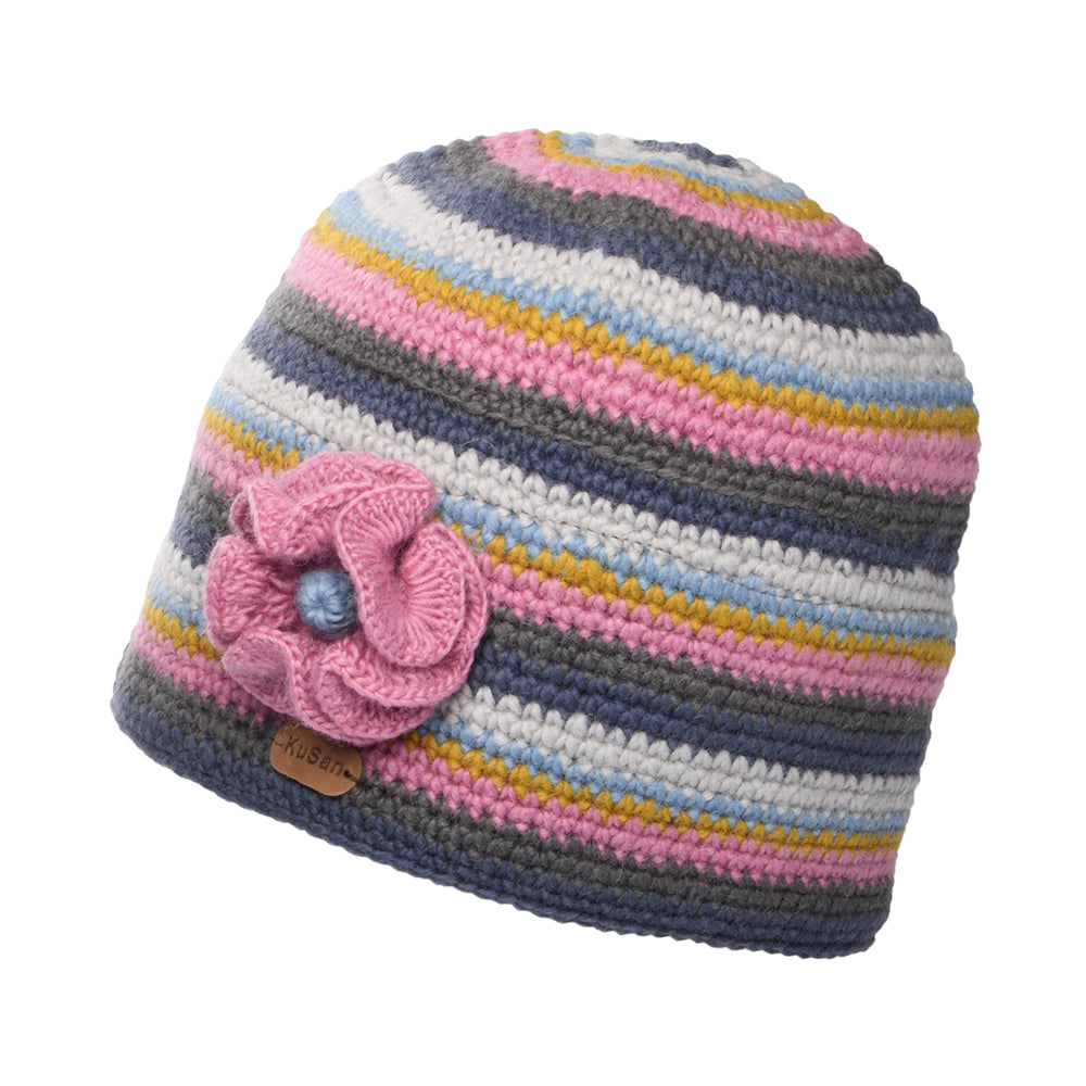 Kusan Crochet Flower Beanie Hat - Grey-Pink