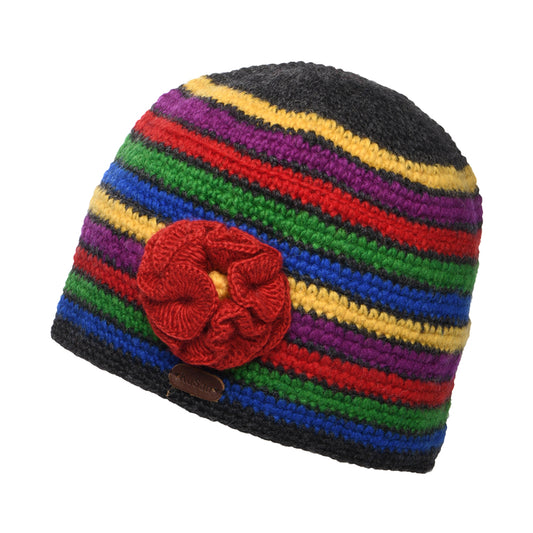 Kusan Crochet Flower Beanie Hat - Charcoal-Red