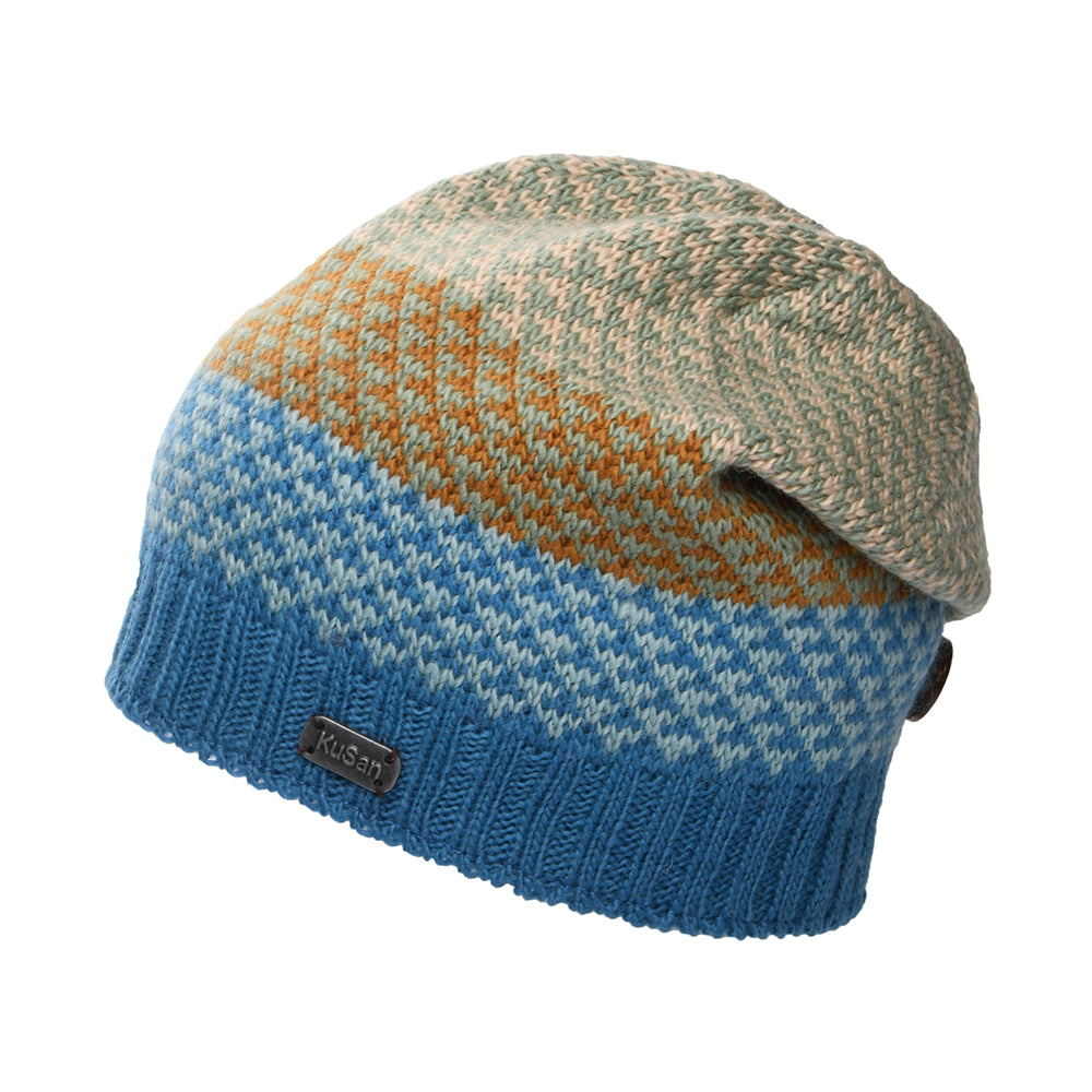 Kusan Jacquard Button Down Beanie Hat - Blue-Cream