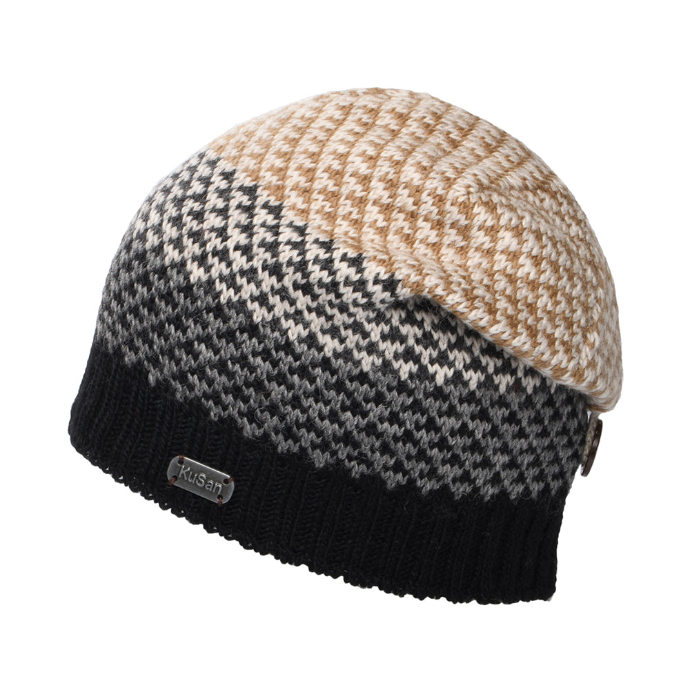 Kusan Jacquard Button Down Beanie Hat - Black-Cream